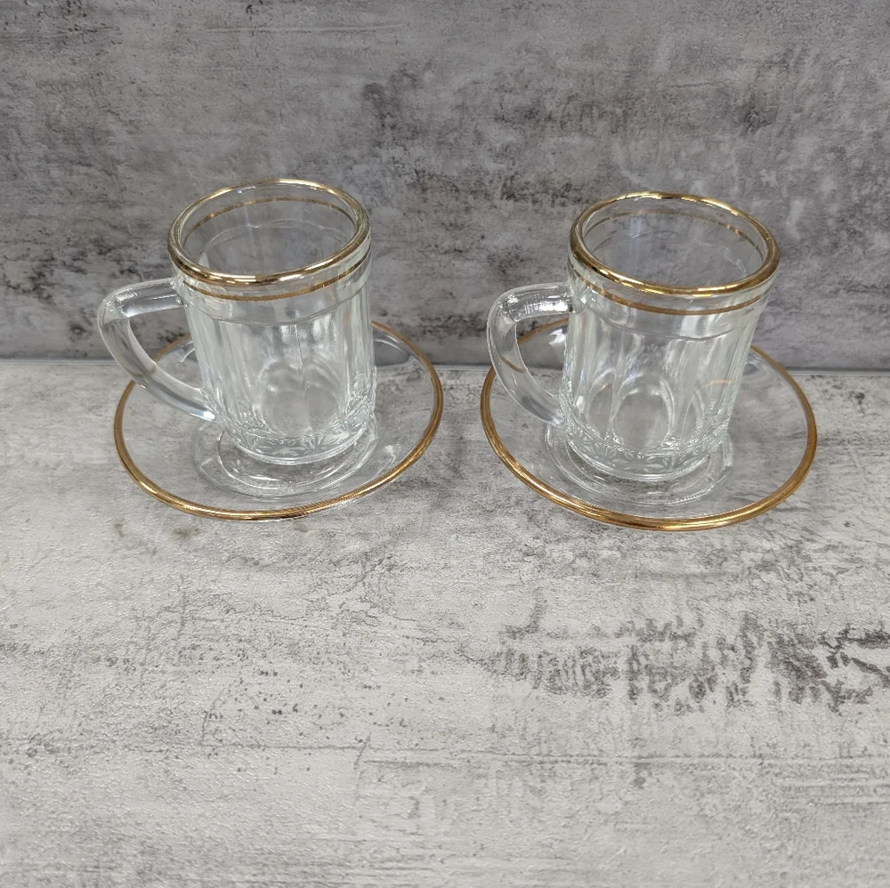 Set of 2 Italian Clear Glass Gold Rim Espresso Cup Saucer